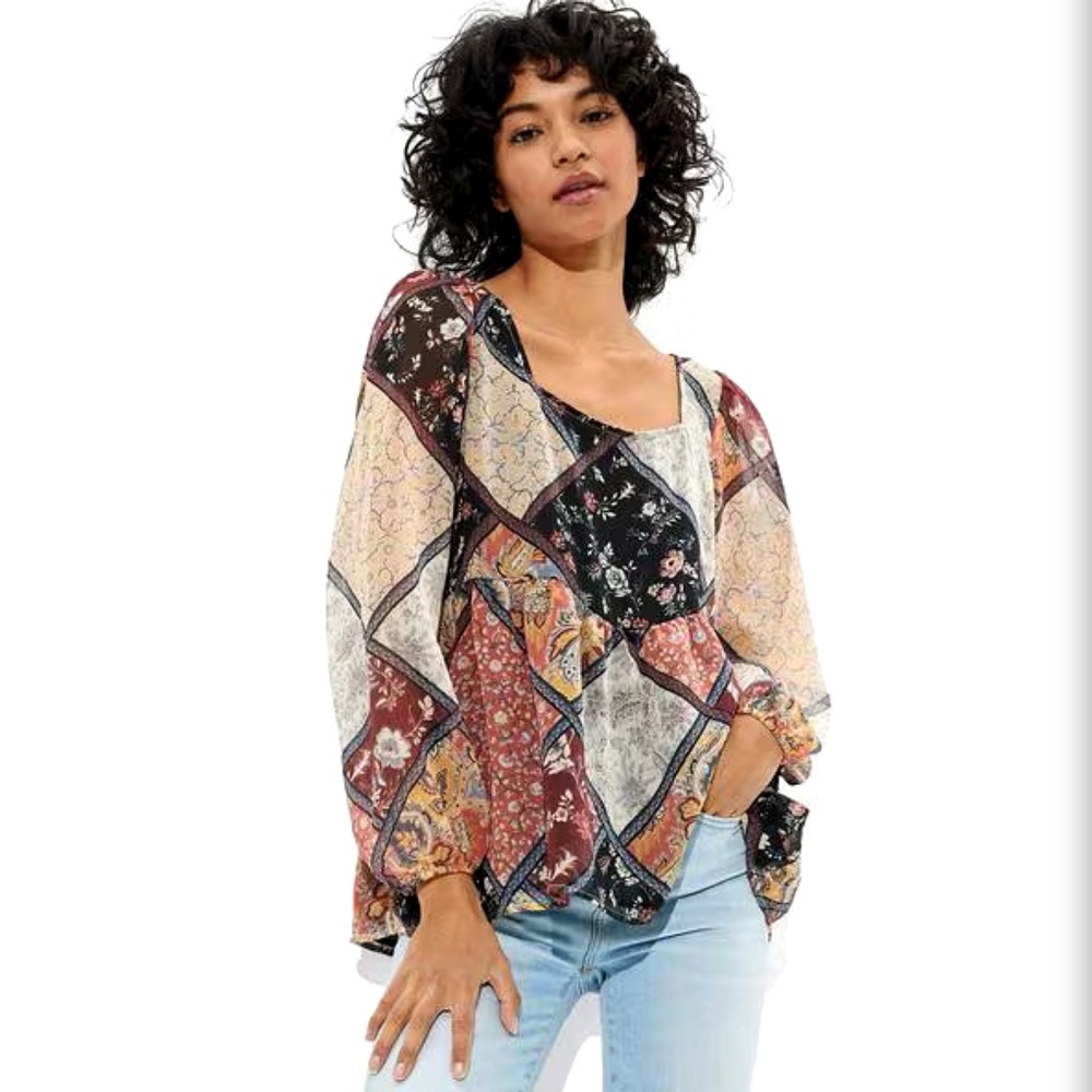 American Eagle Boho Patchwork Graphic Print Long … - image 1